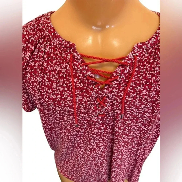 Chaps Red Floral Summer Blouse with tie closing. Size XXL Measurements-Pics EUC - Picture 2 of 11